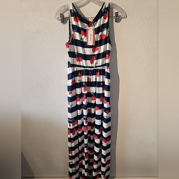 Maxi Dress Small Red Blue Striped Woth Cherries NWT Summer Sleevless - Picture 4 of 4